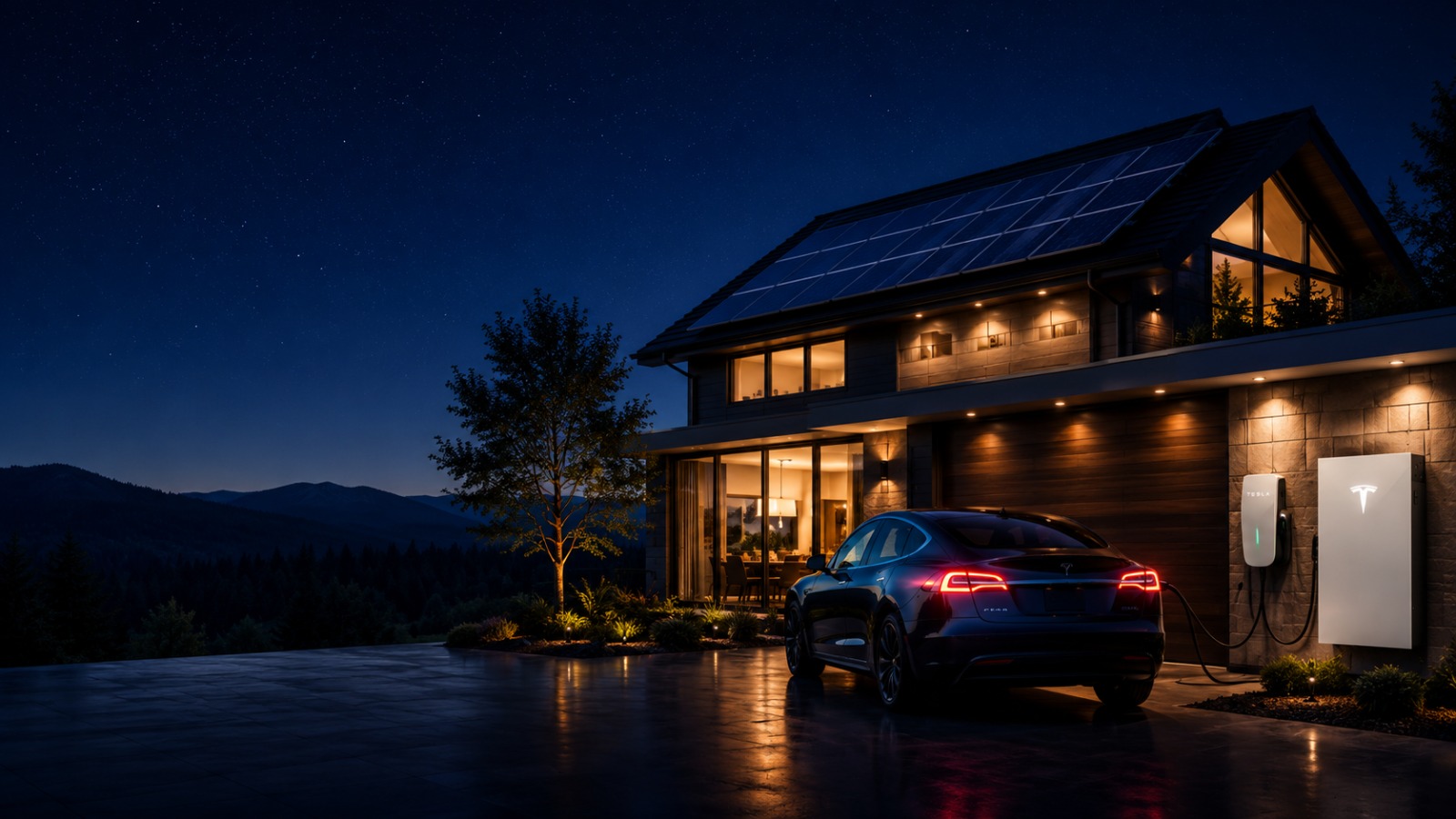 Tesla-certified home electrification: EV charger, Tesla Powerwall and solar panels on a modern home at night