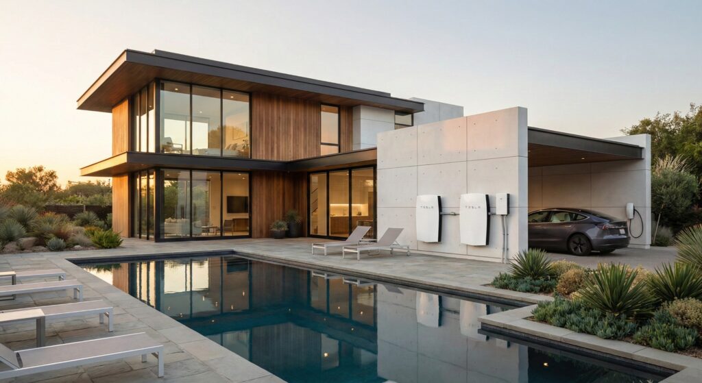 Tesla Powerwall installation at a modern home with pool