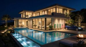 Luxury home with Tesla Powerwall and EV charger at night