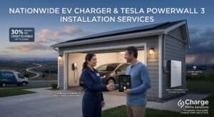 Charge Home Solutions technician installing an EV charger and Tesla Powerwall 3 at a residential garage